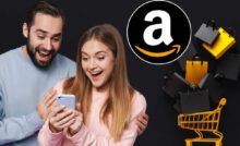 ragazzo e ragazza, carrello e logo amazon